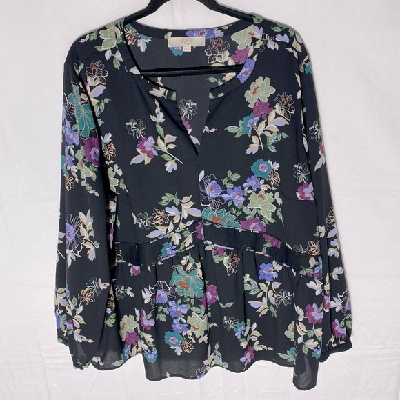 LOFT Plus Black Purple Green Blue Floral Long Sleeve Tiered Blouse 20 - Picture 1 of 15